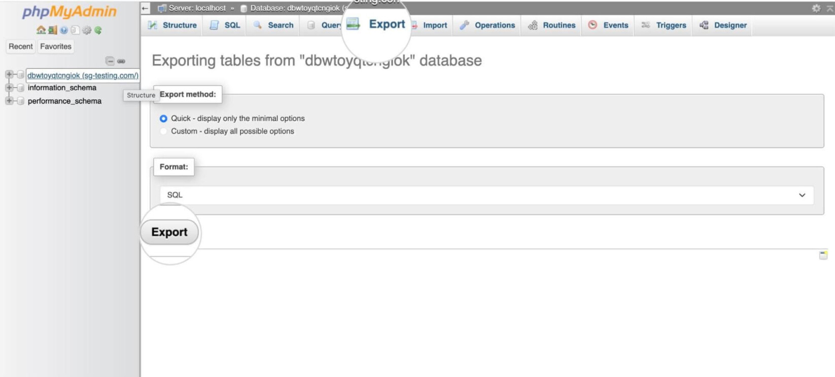 phpMyAdmin con un database aperto dove è selezionato il pulsante Esporta