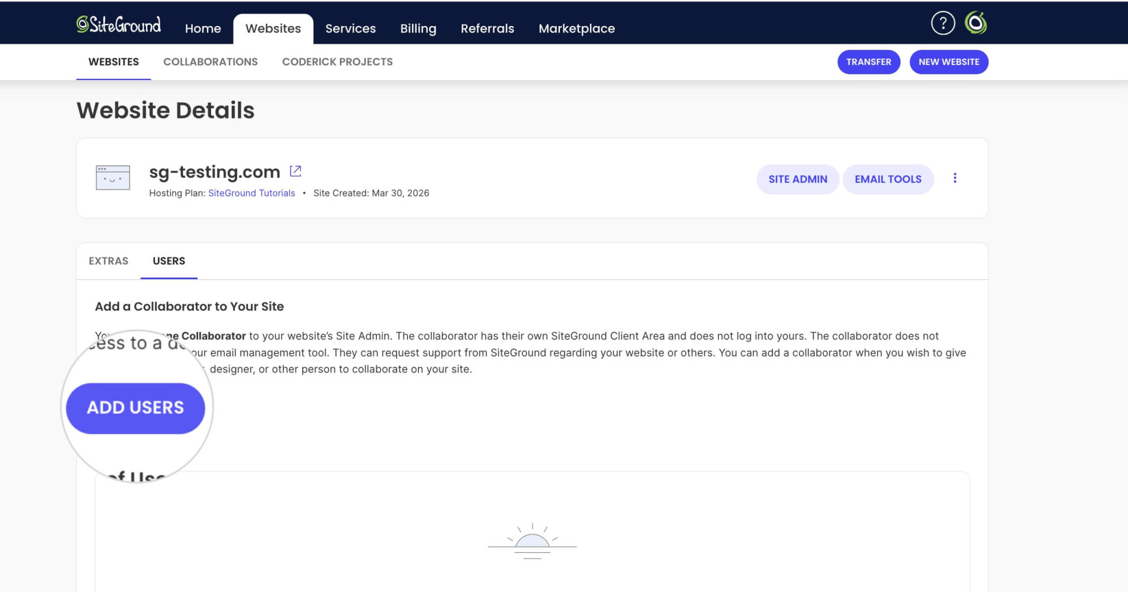 Website Details page of a website in SiteGround Client Area where the Add Users button is selected