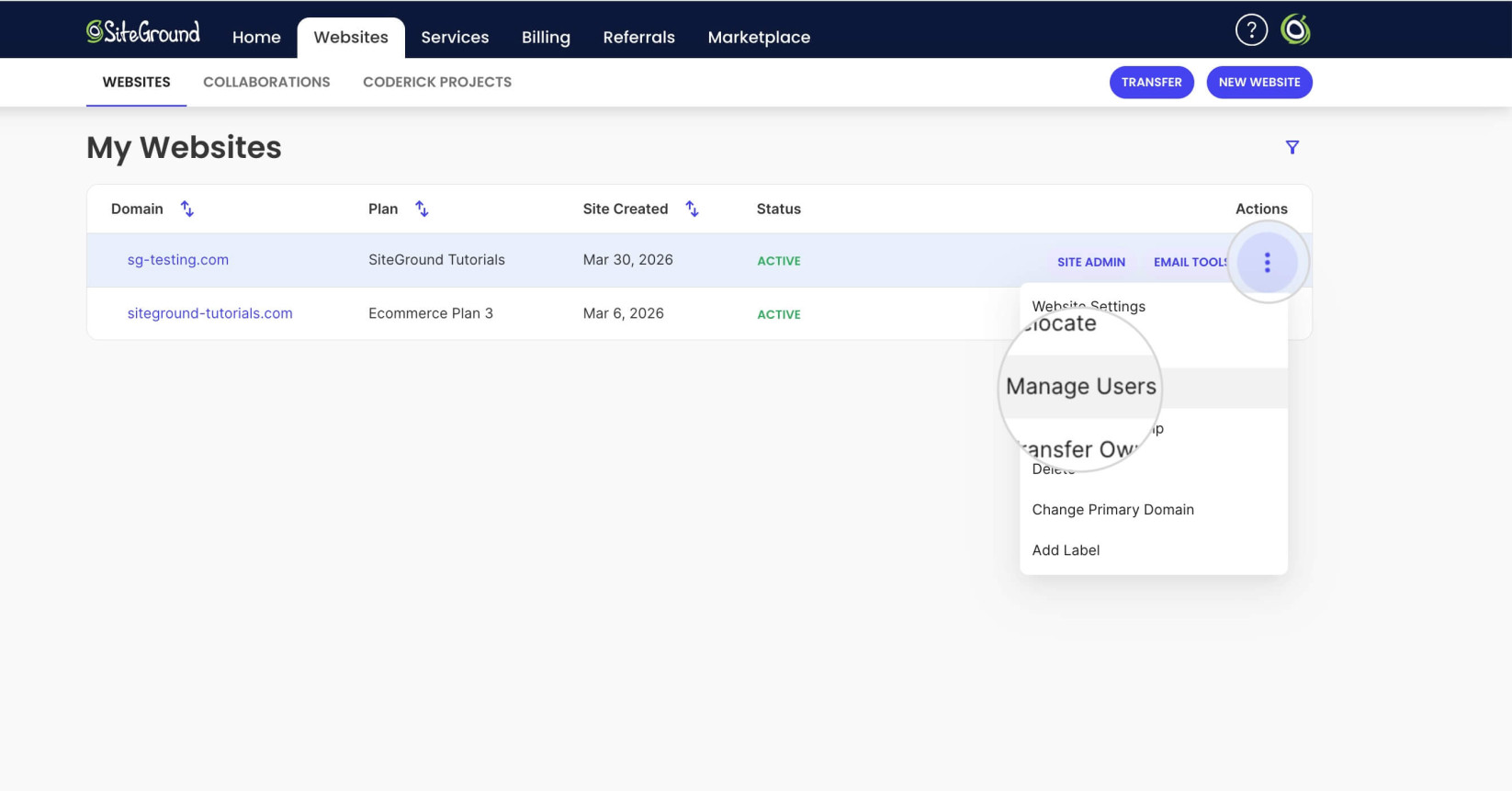Websites section in SiteGround Client Area showing the Actions menu of a website where Manage Users is selected