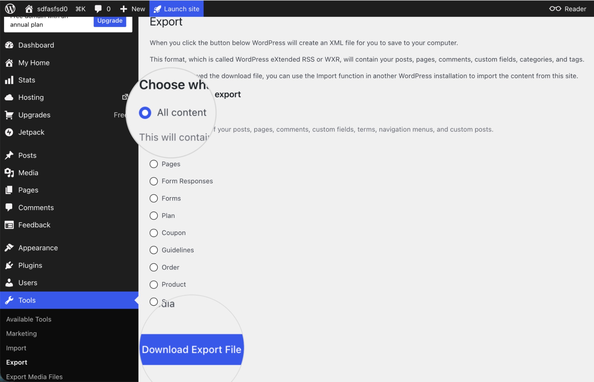 WordPress.com Tools > Export page with the “All content” option selected and the “Download Export File” button highlighted.