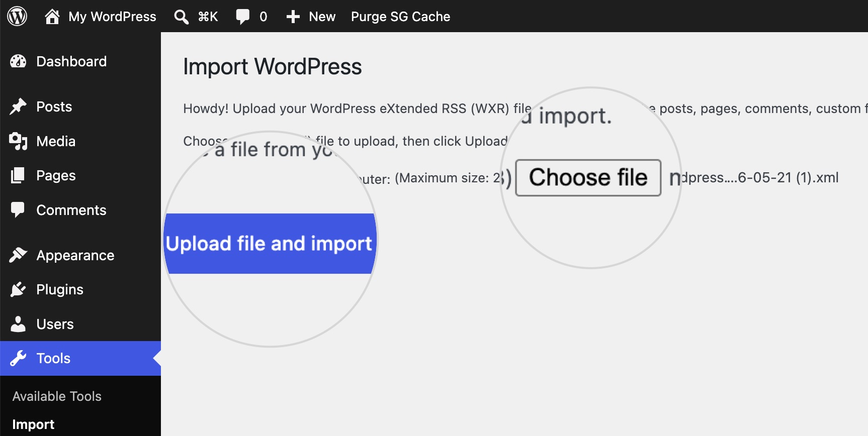 WordPress Tools > Import screen with the “Choose file” and “Upload file and import” buttons highlighted for uploading a WXR export file.