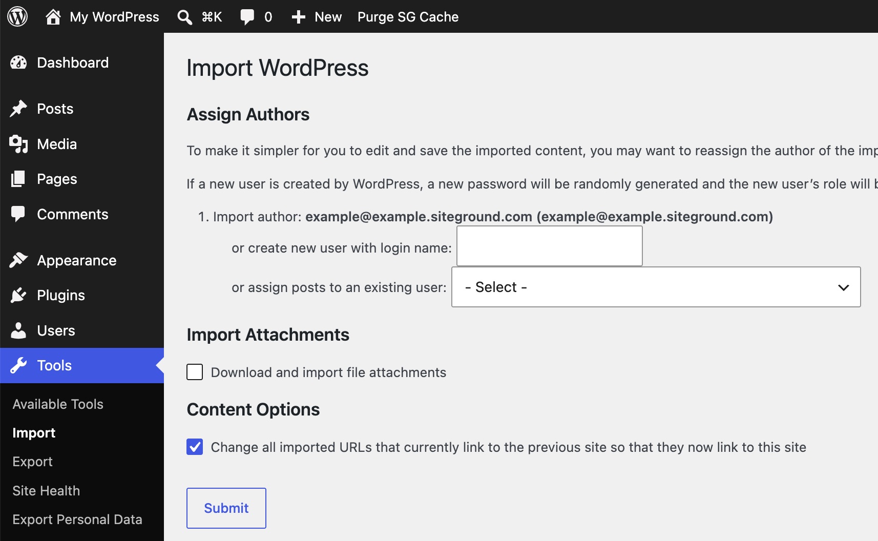 WordPress Import Authors screen showing author assignment, attachment import option, and URL replacement setting before import.
