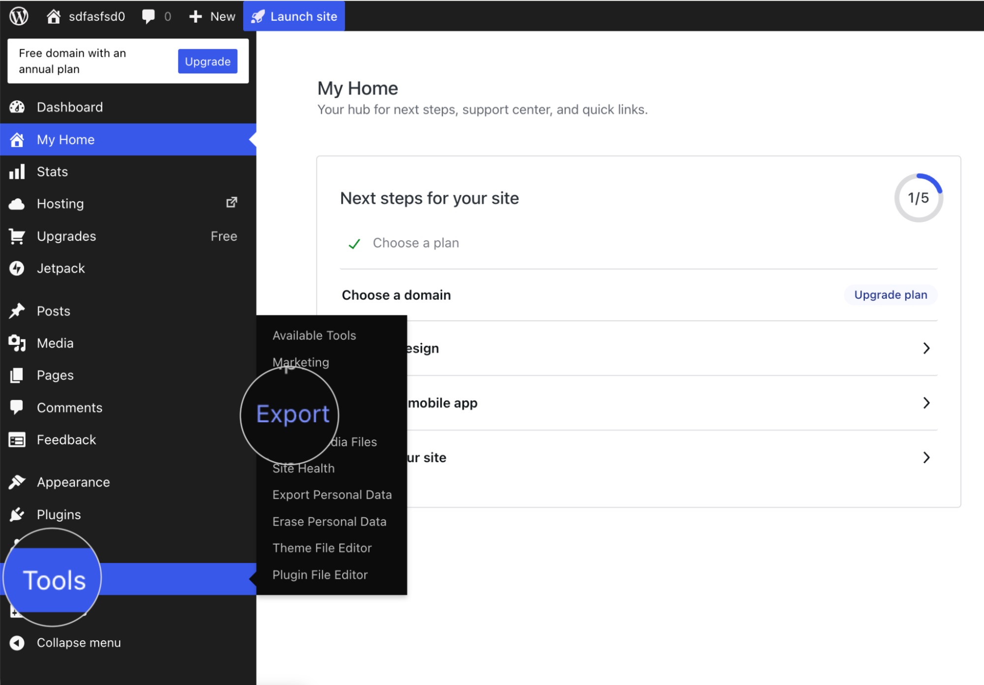 WordPress.com dashboard with the Tools menu expanded and the Export option highlighted in the sidebar.