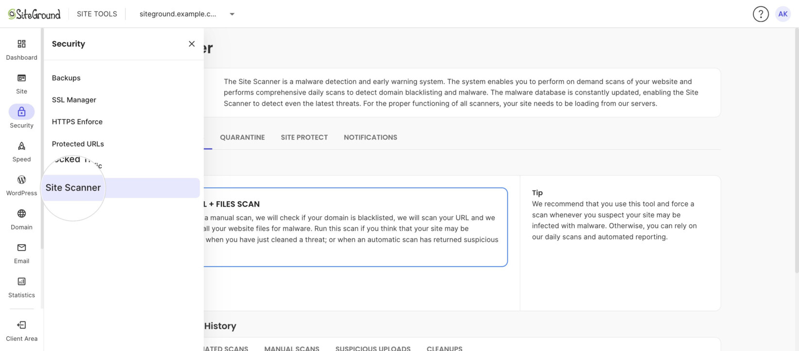 Site Tools Security menu with Site Scanner selected