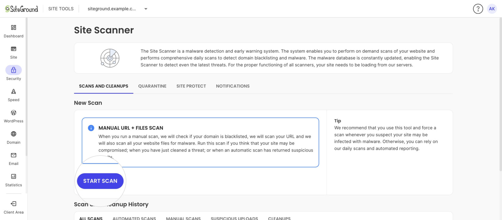 Start Scan button in the New Scan section of the Scans and Cleanups tab