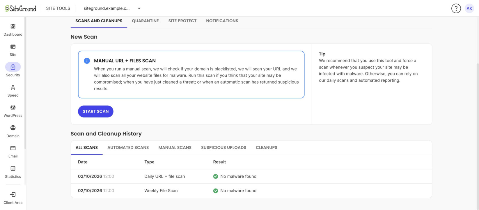 Scan and Cleanup History with the All Scans, Automated Scans, Manual Scans, Suspicious Uploads and Cleanups tabs