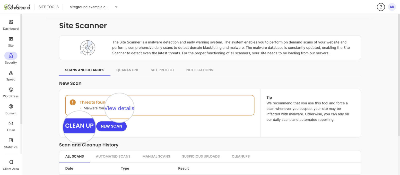 Threats found notification with the View details link and the Clean Up button in Site Scanner