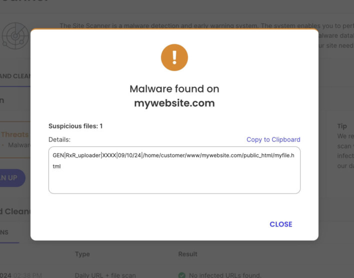 Malware found pop-up listing the suspicious file and its path