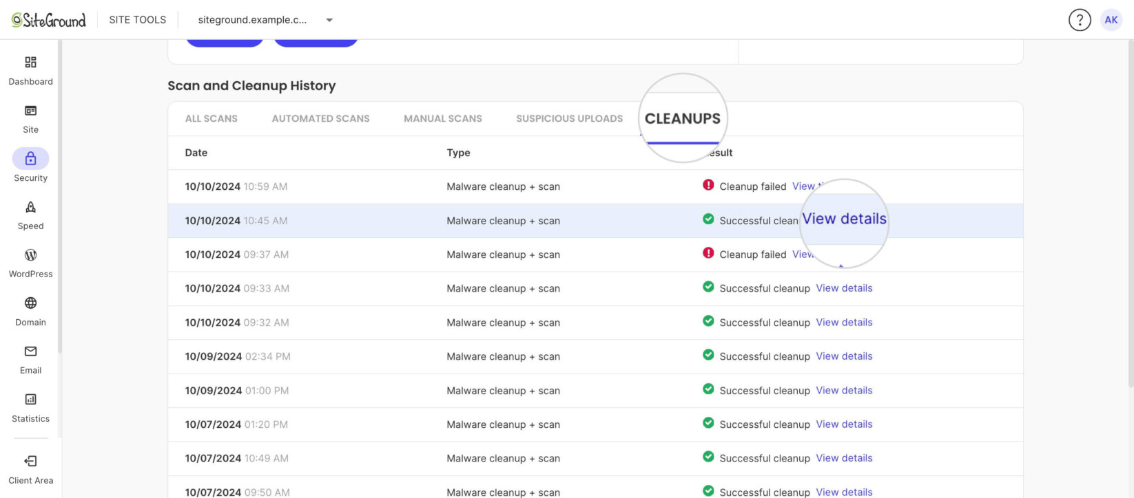 Cleanups tab of the Scan and Cleanup History with successful and failed cleanups