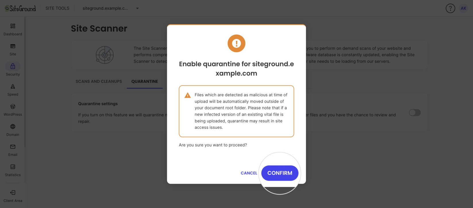 Enable quarantine pop-up with the warning about vital files and the Confirm button