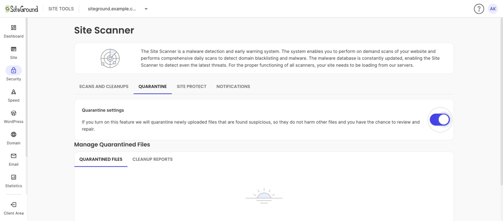 Quarantine tab with Quarantine settings switched on and the Manage Quarantined Files section