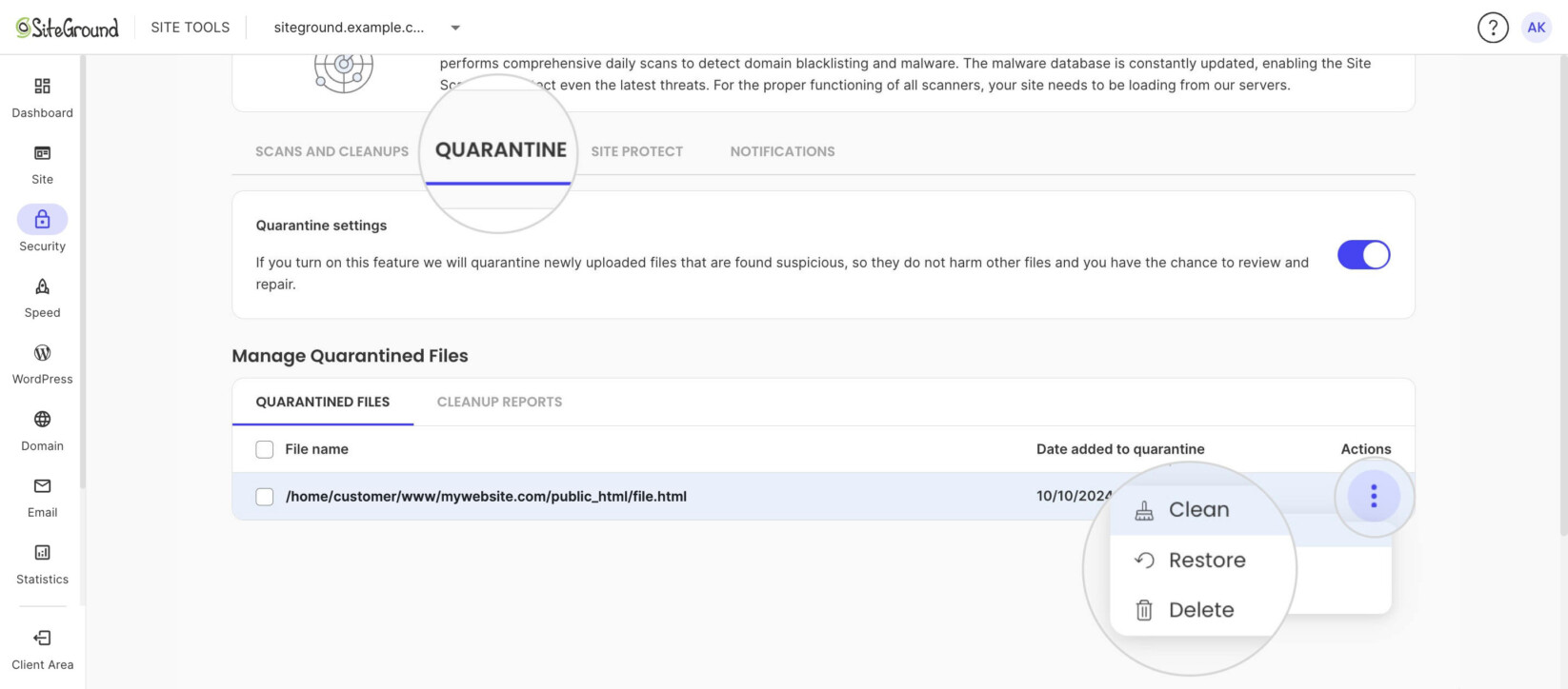 Quarantined file with its Actions menu open, showing Clean, Restore and Delete