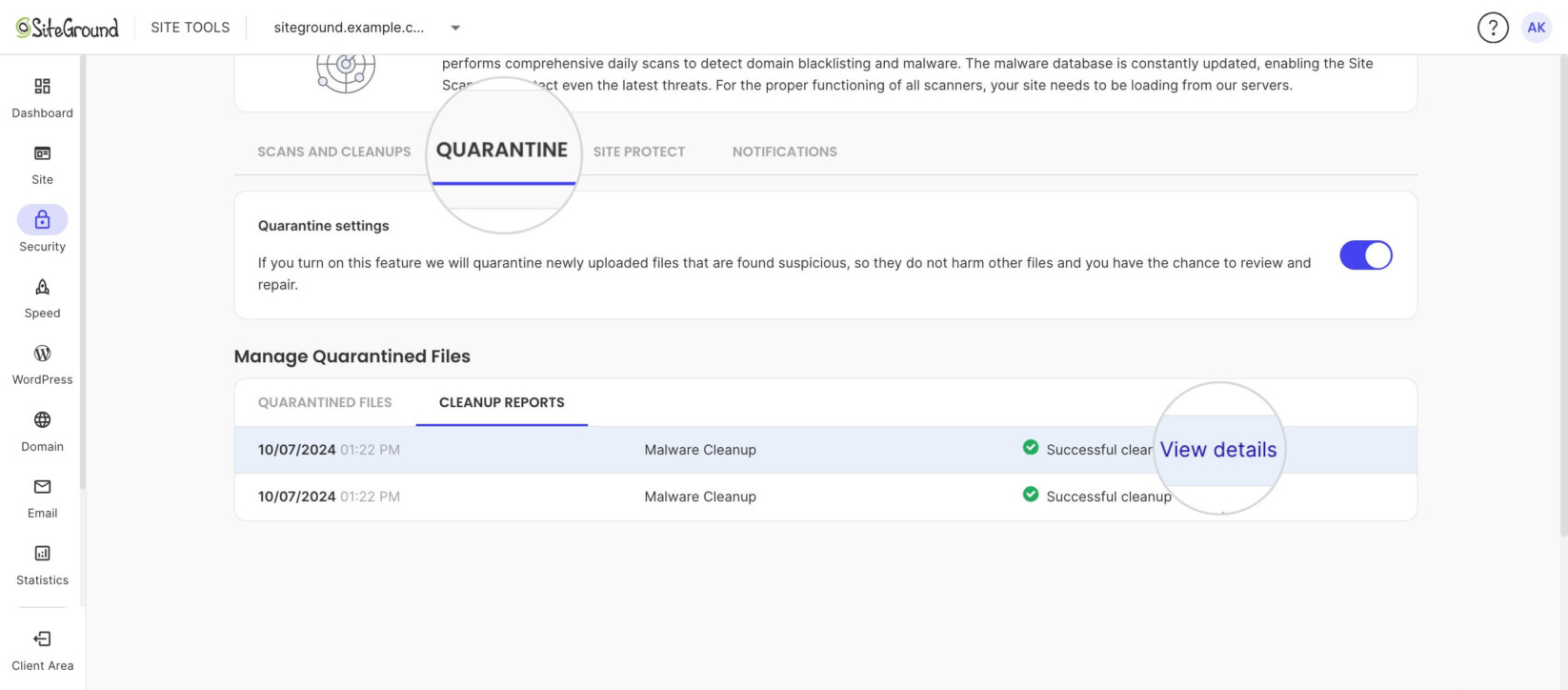 Cleanup Reports tab listing malware cleanups of quarantined files
