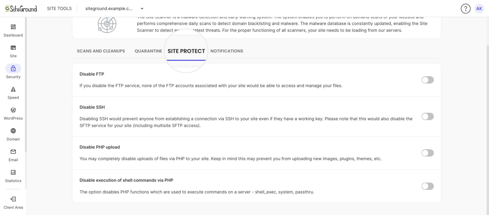 Site Protect tab with switches to disable FTP, SSH, PHP upload and shell commands via PHP