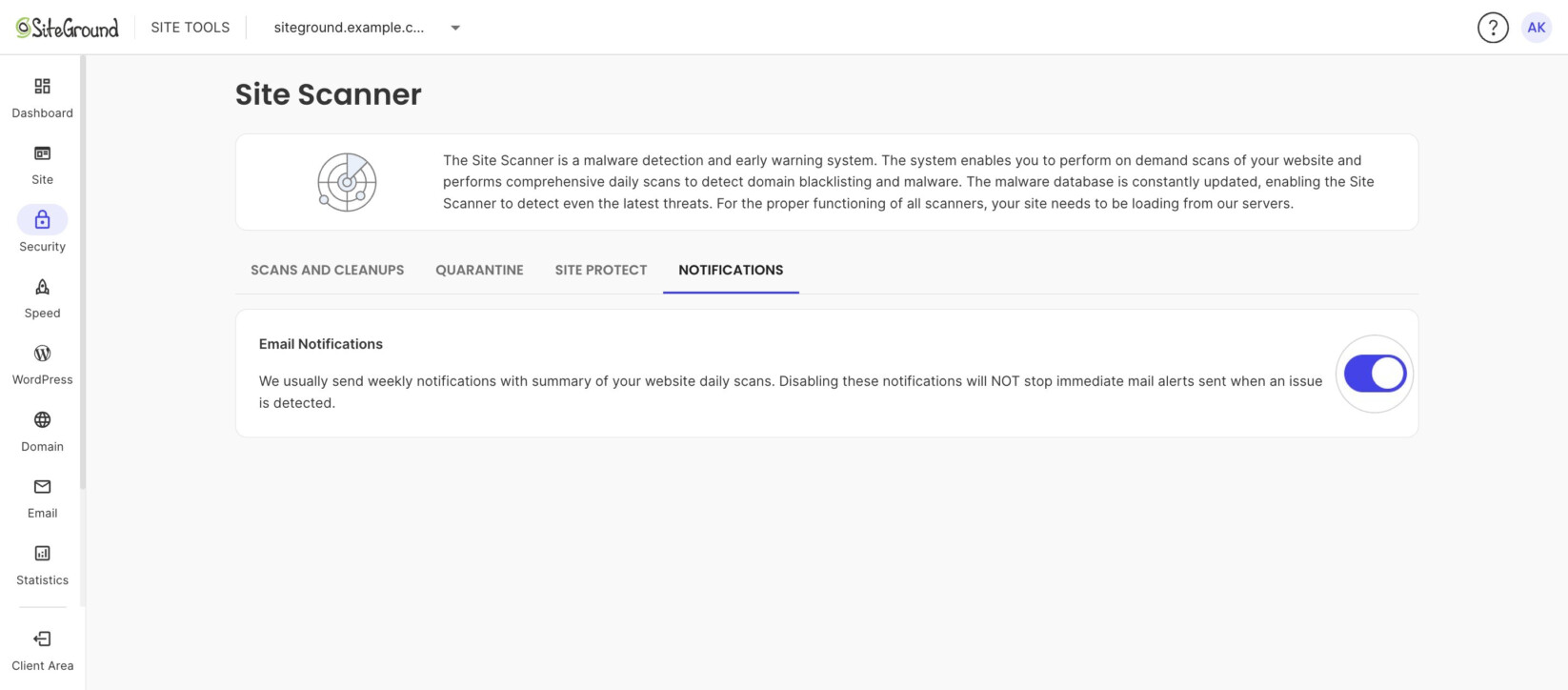 Notifications tab with the Email Notifications switch