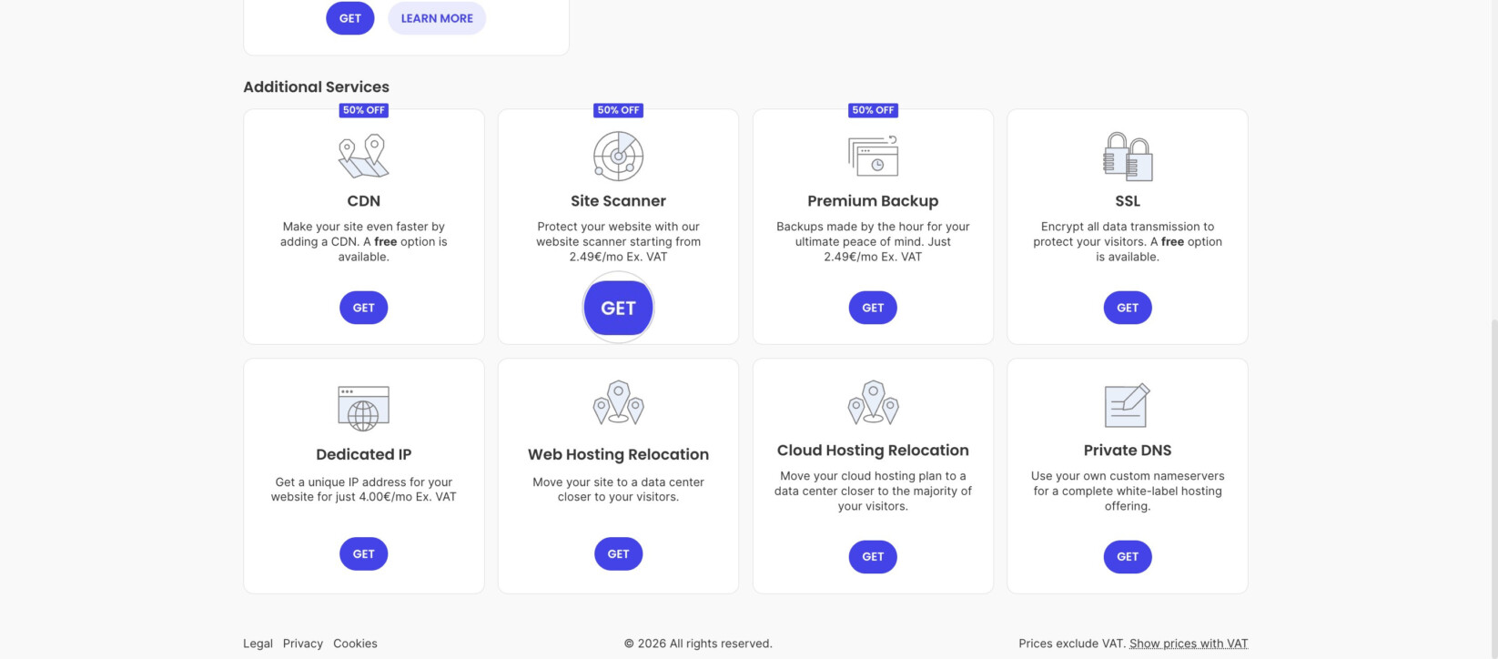 Get button for Site Scanner under Additional Services in the Client Area Marketplace