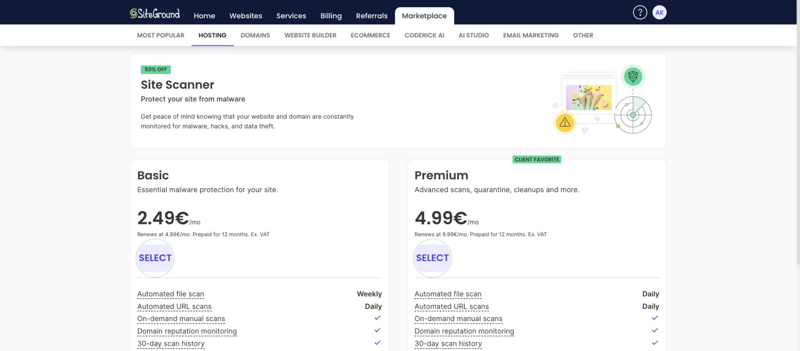 Site Scanner Basic and Premium plans, each with a Select button