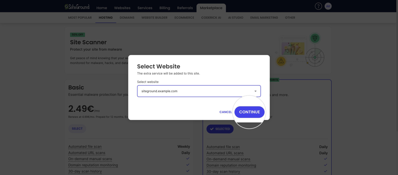 Select Website pop-up with the website drop-down and the Continue button