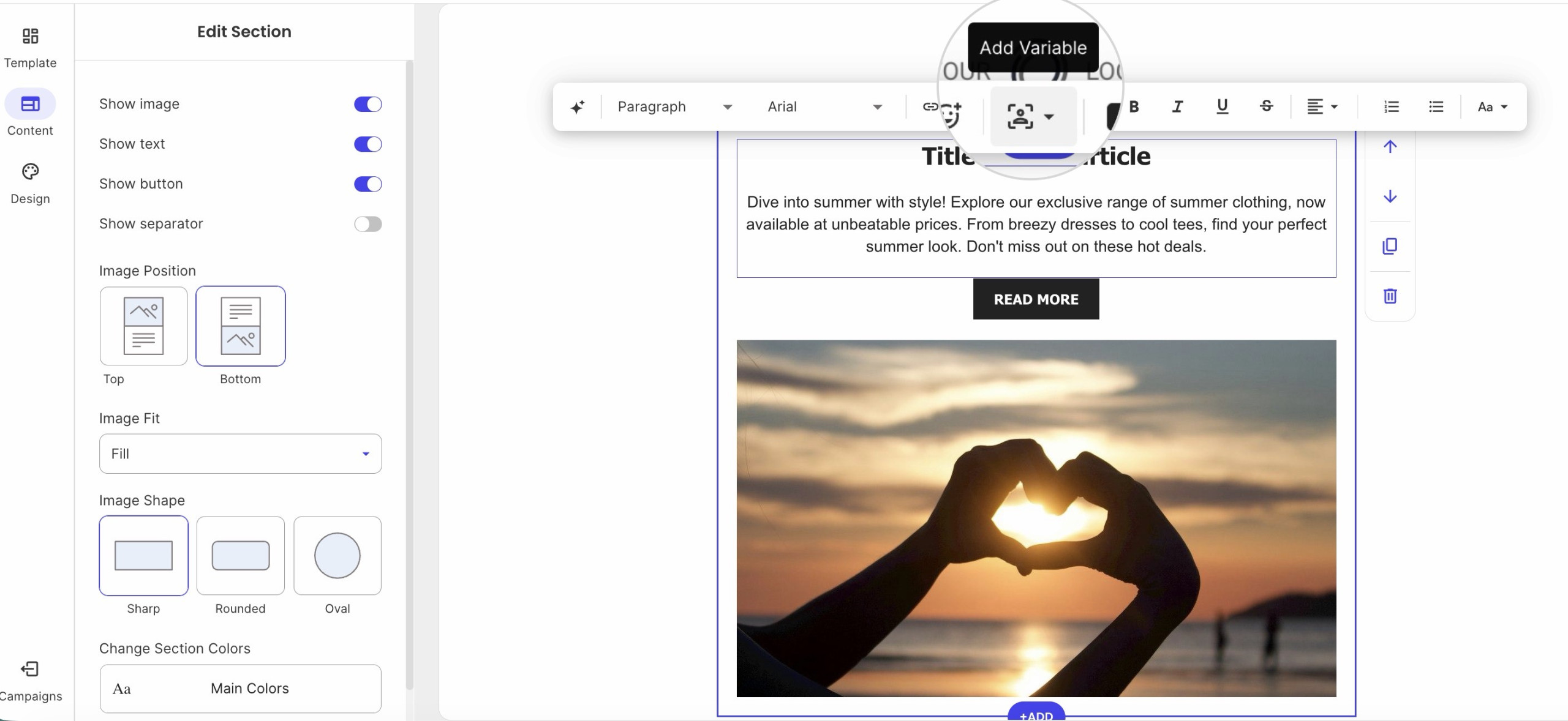 Screenshot showing how to use variables in the email body
