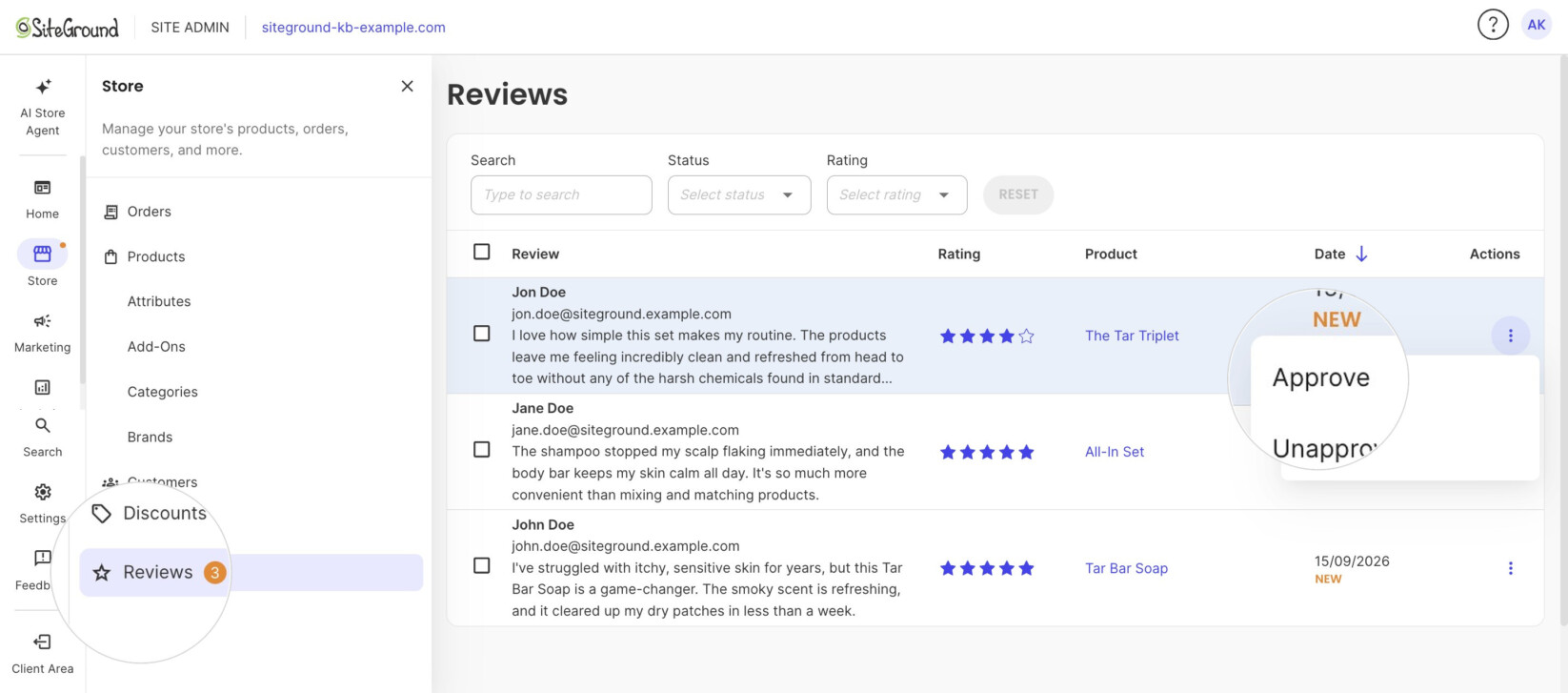 Approve a new customer review from the Reviews section in Site Admin.