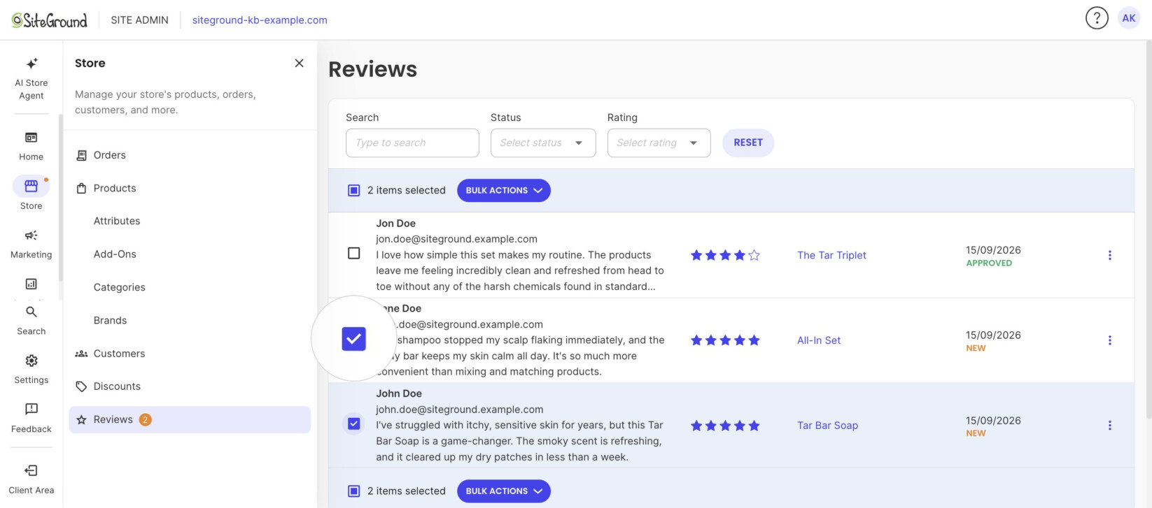 Select multiple customer reviews to apply a bulk action.