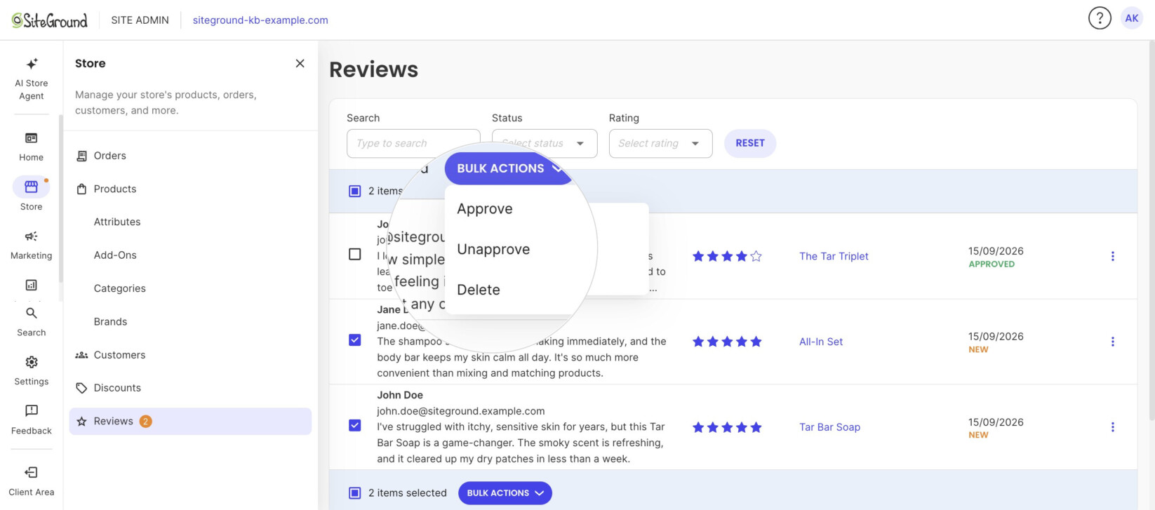 Bulk Actions menu with options to approve, unapprove, or delete selected reviews.