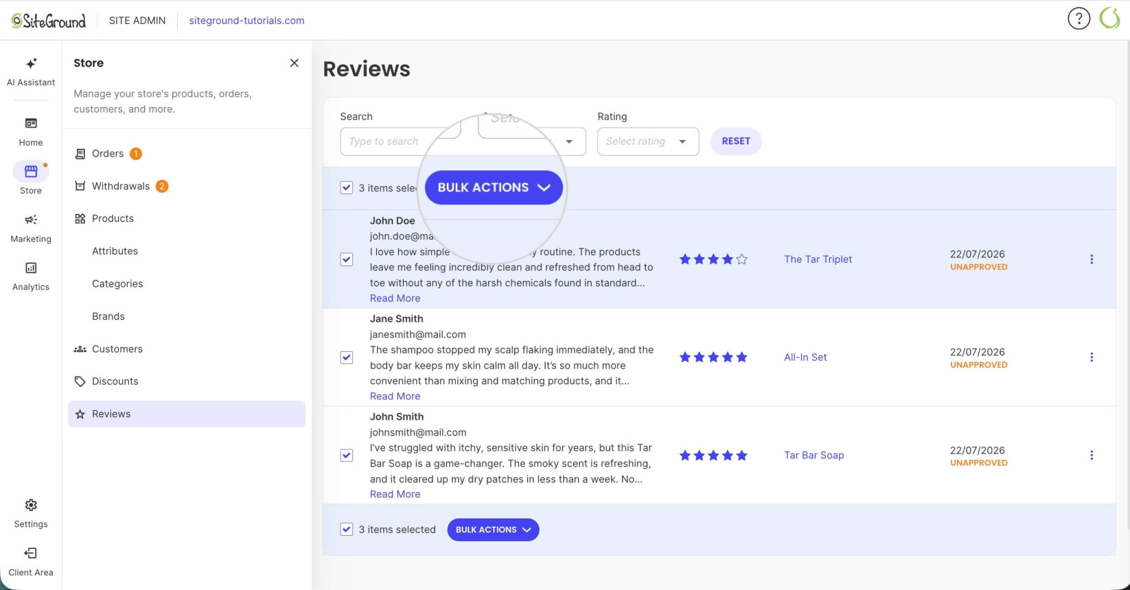 Bulk actions button for deleting multiple reviews
