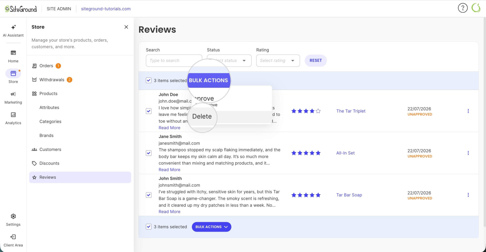 Bulk delete option for deleting multiple reviews