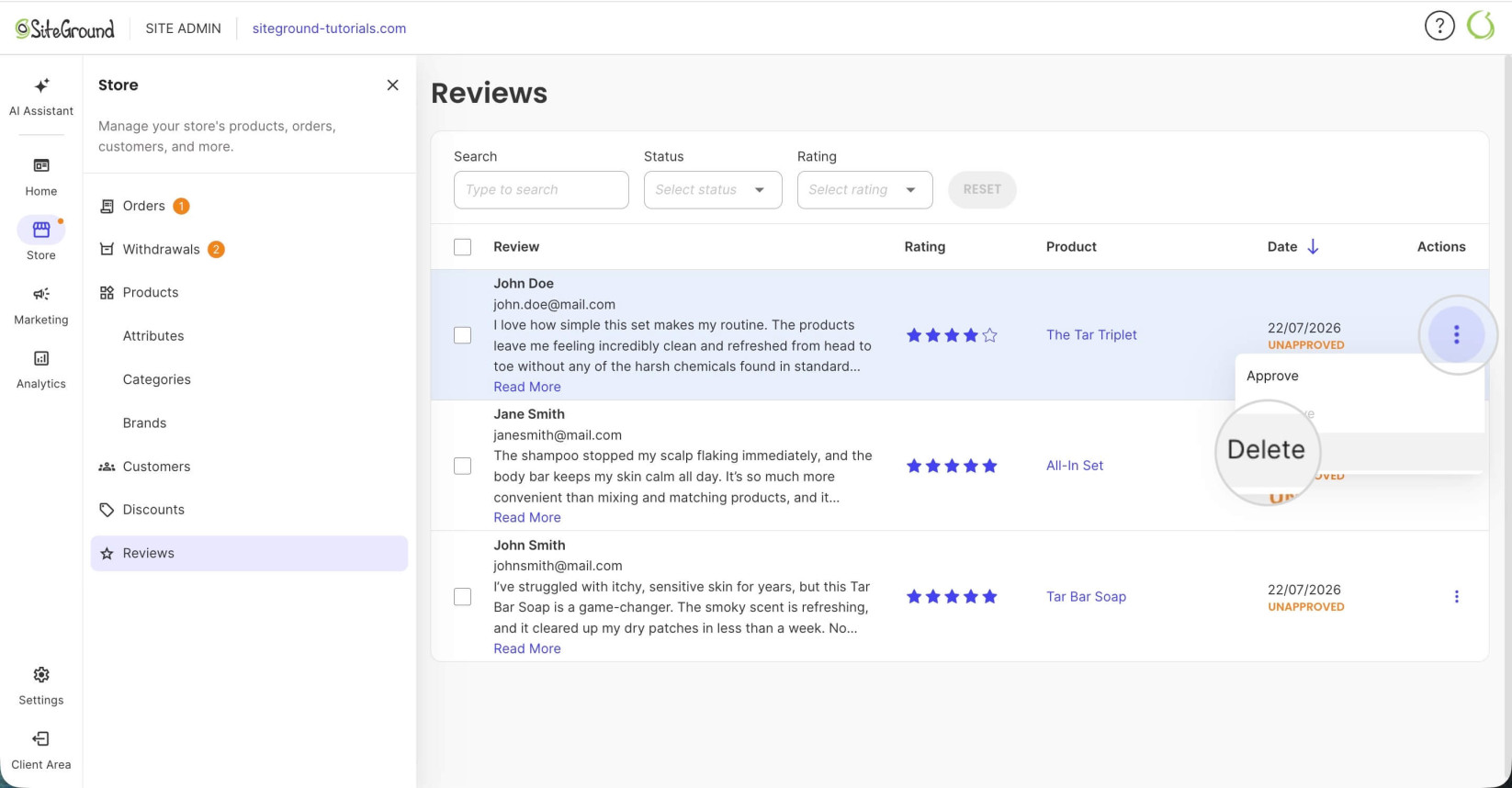 Actions menu for a review with a highlighted Delete option