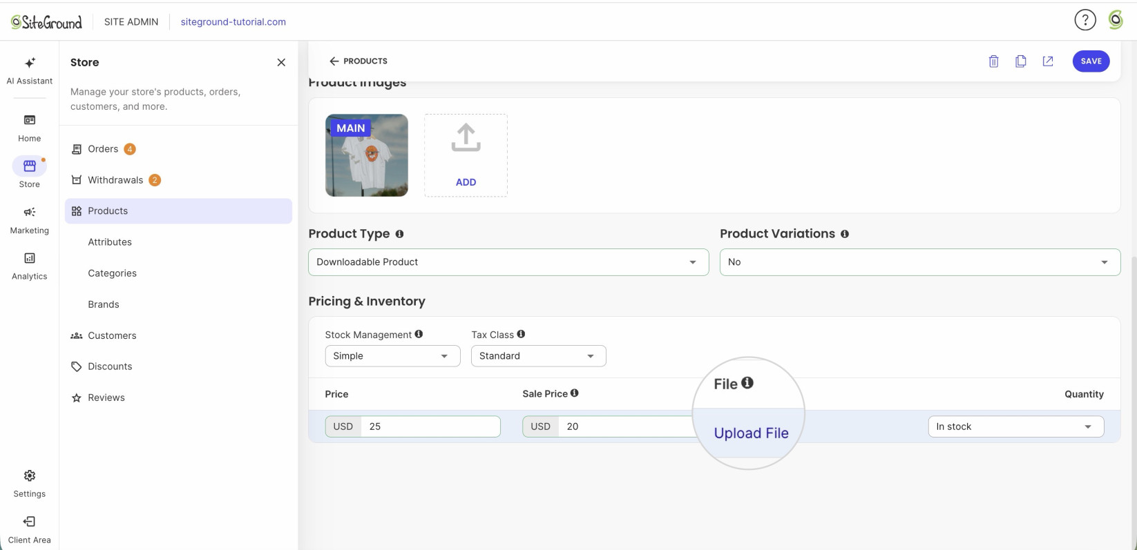 Upload button for a downloadable product 
