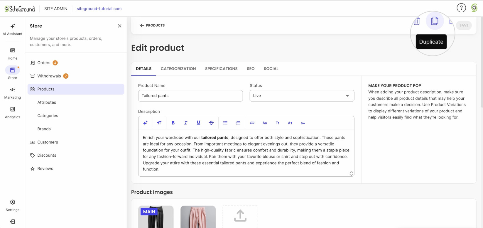 Duplicating a product in SiteGround Ecommerce