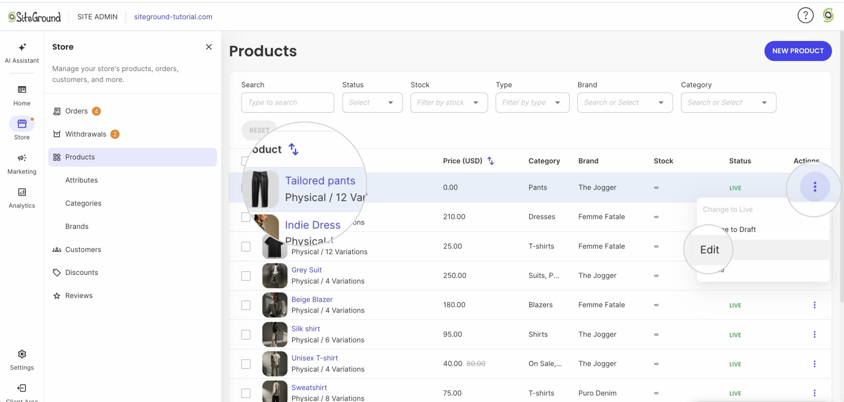 Editing a product in SiteGround Ecommerce