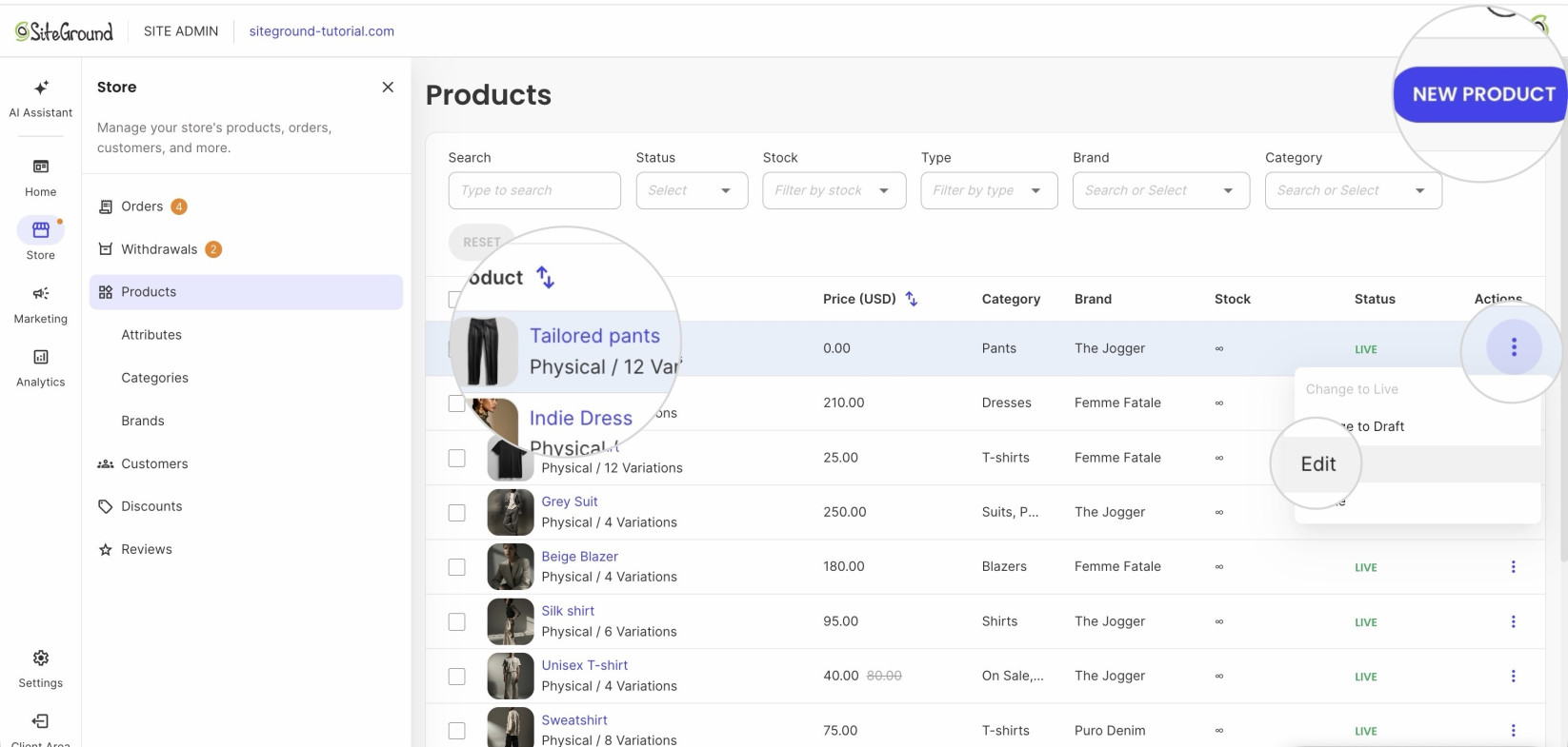 Editing or creating a product in SiteGround Ecommerce 