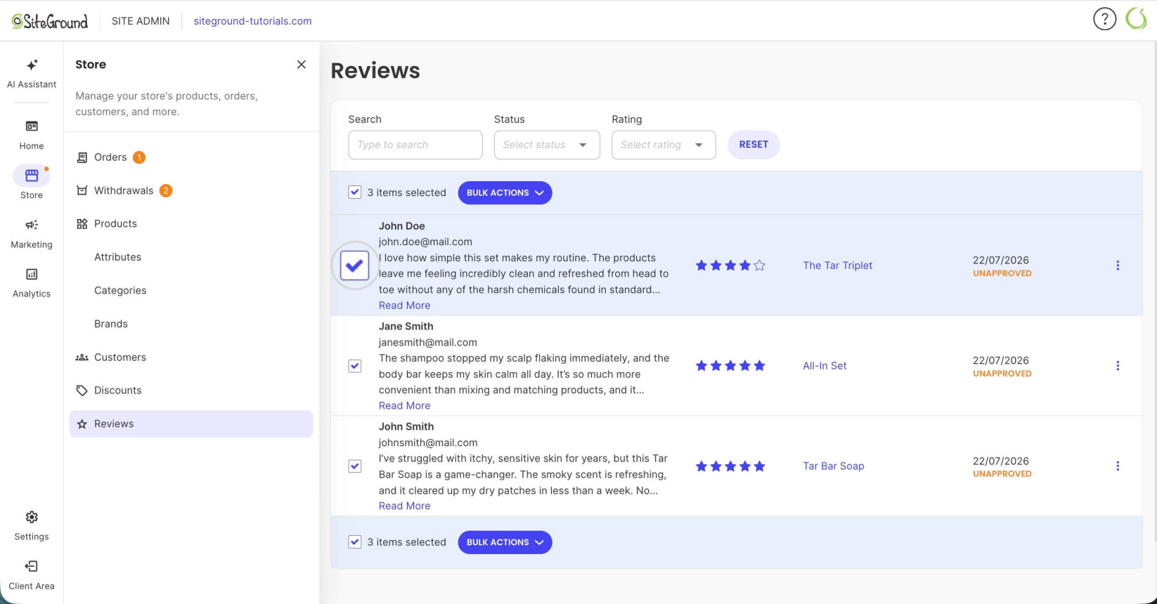 Selecting multiple reviews by ticking their checkboxes