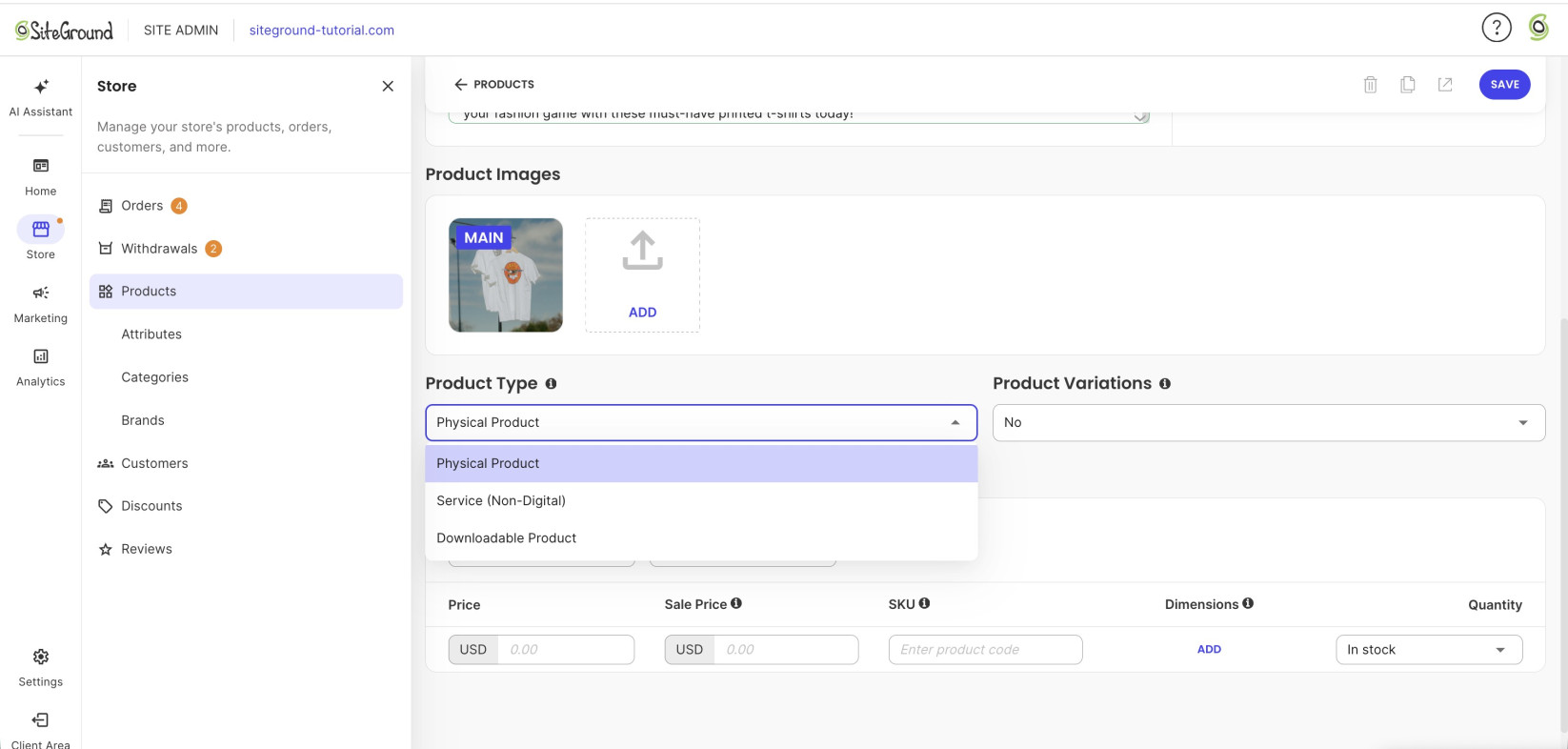 Dropdown menu for selecting the product type in SiteGround Ecommerce
