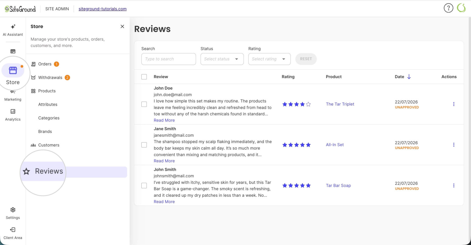 Reviews page in the Store section of SiteGround Ecommerce