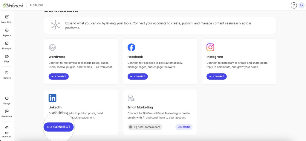 How to Connect SiteGround AI Studio with LinkedIn - SiteGround KB