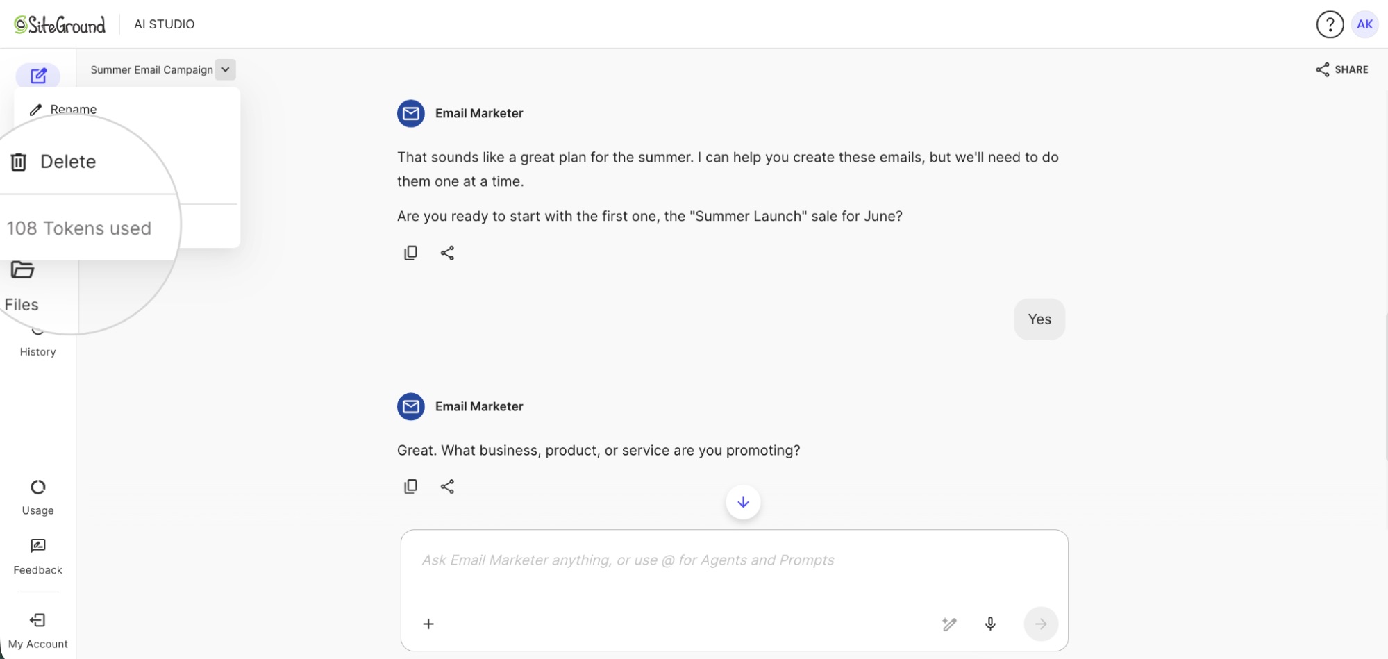 How to check token usage per chat in SiteGround AI Studio - SiteGround KB