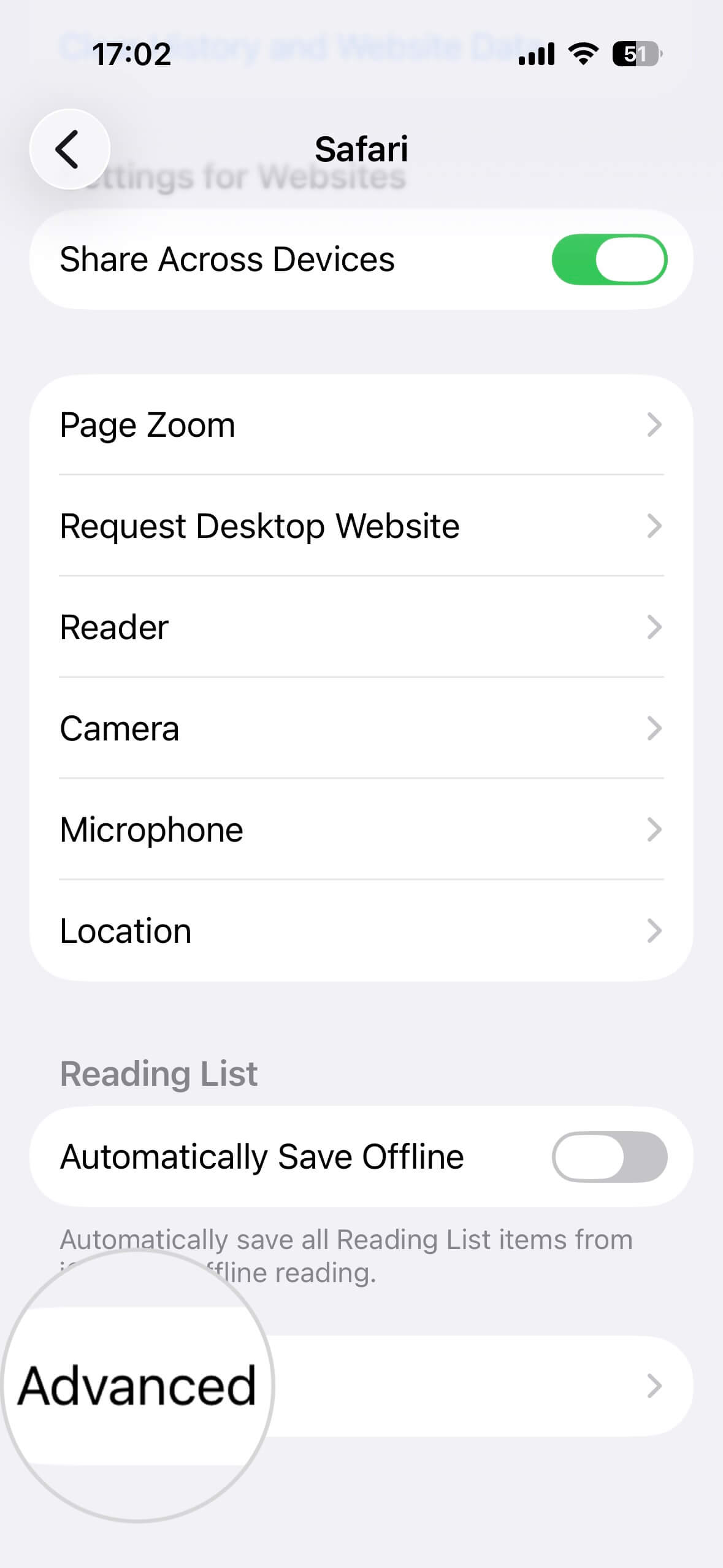 Safari-Optionen aus dem Apps-Bereich auf einem iPhone mit hervorgehobenen erweiterten Einstellungen