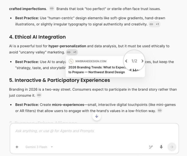 Réponse de l’assistant SiteGround AI Studio avec les sections Ethical AI Integration et Interactive & Participatory Experiences, et une carte de citation ouverte affichant la source « NWBRANDDESIGN.COM — 2026 Branding Trends: What to Expect and How to Prepare » ainsi qu’un indicateur 1/2 au-dessus du champ de saisie de Gemini 3 Flash.
