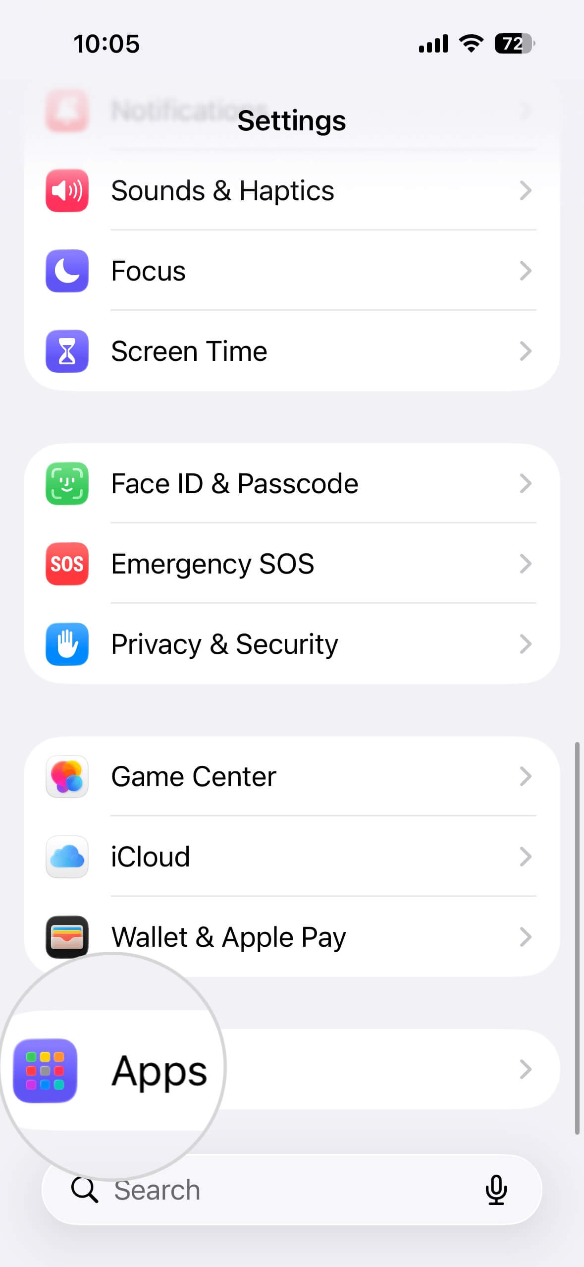 Einstellungen-Seite auf einem iPhone mit einem hervorgehobenen Apps-Bereich