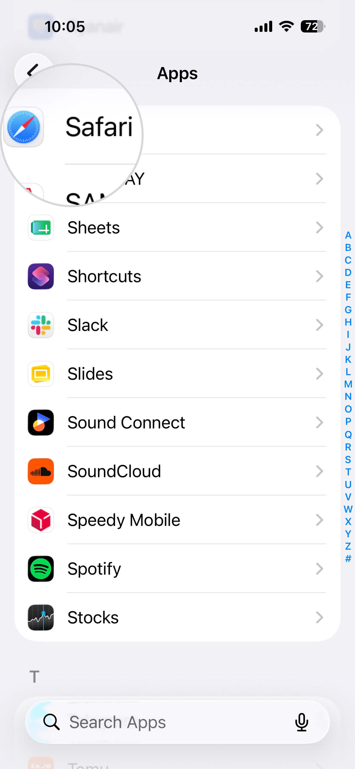 Apps-Seite auf einem iPhone mit einem hervorgehobenen Safari-Symbol