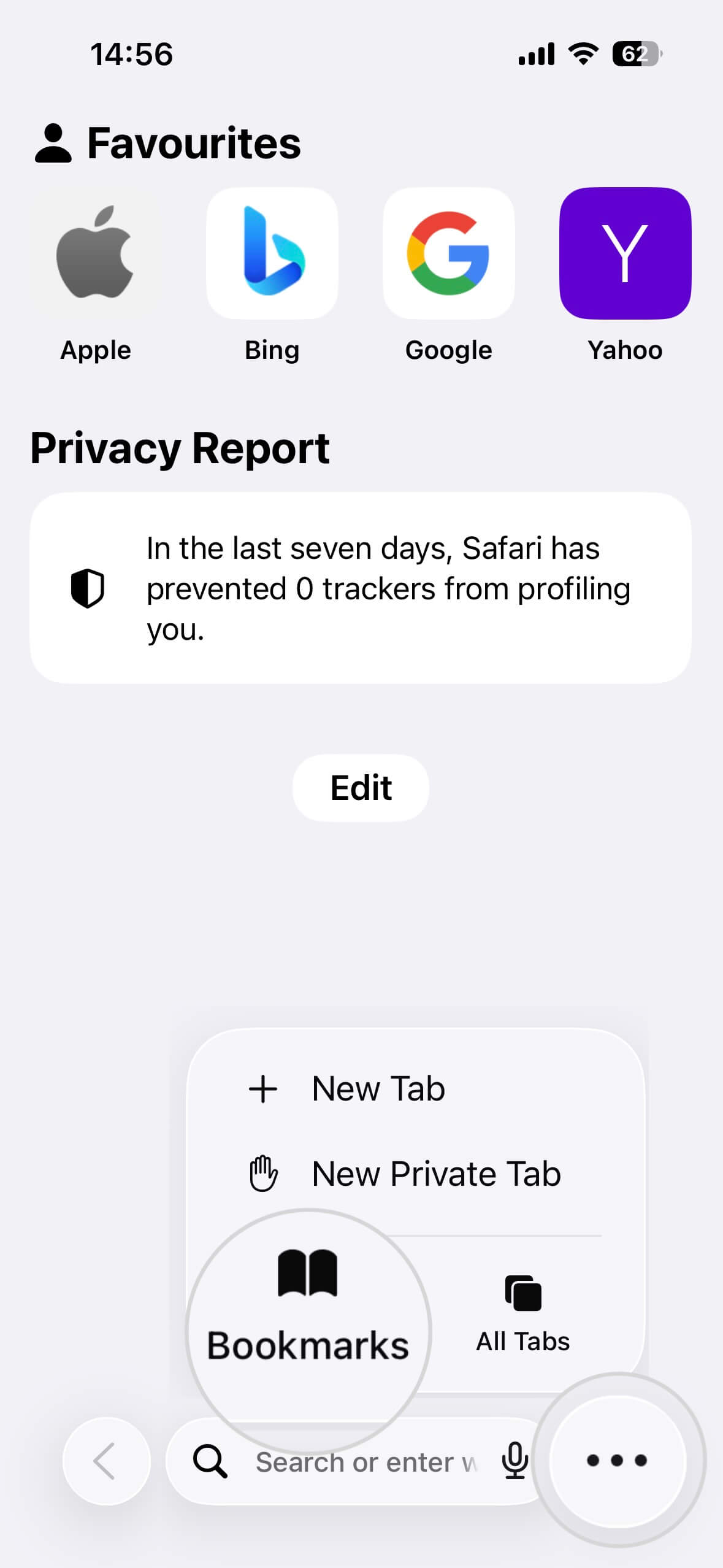 Lesezeichen-Abschnitt in Safari auf dem iPhone