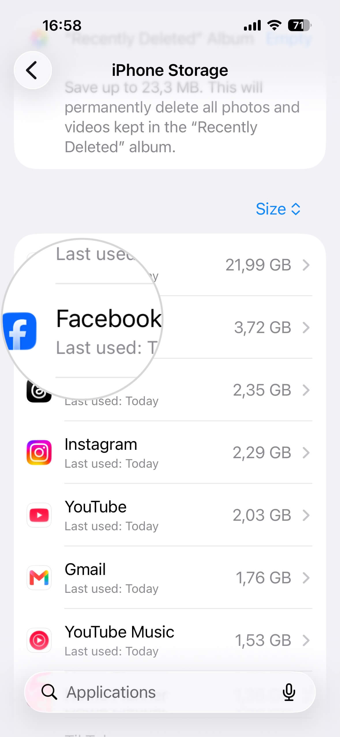 Abschnitt iPhone-Speicher mit einer hervorgehobenen Facebook-App