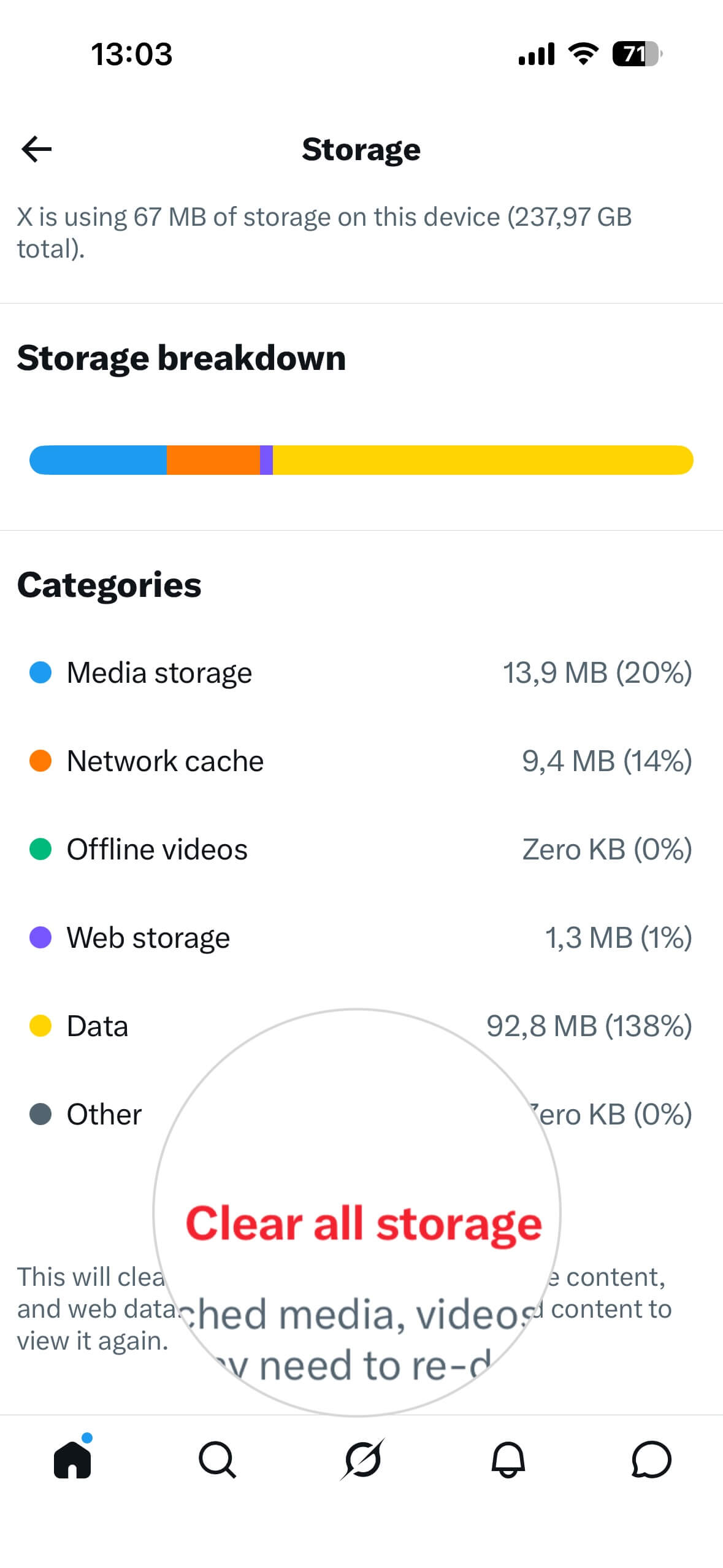 Speicheroptionen für X auf dem iPhone mit hervorgehobener Löschen-Schaltfläche zum Löschen von Cache-Daten