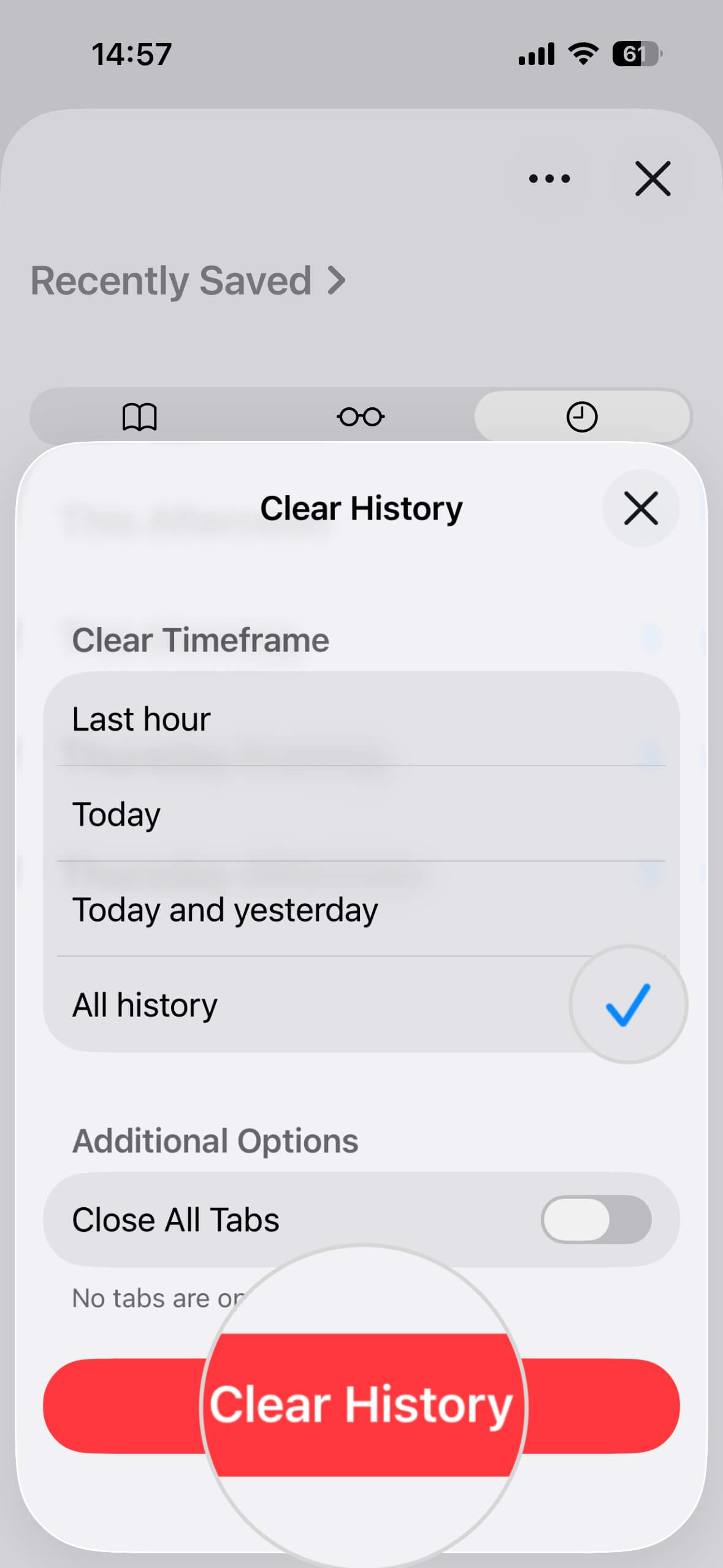 Fenster Verlauf löschen in Safari auf dem iPhone, in dem du den Zeitraum auswählen und den Cache löschen kannst