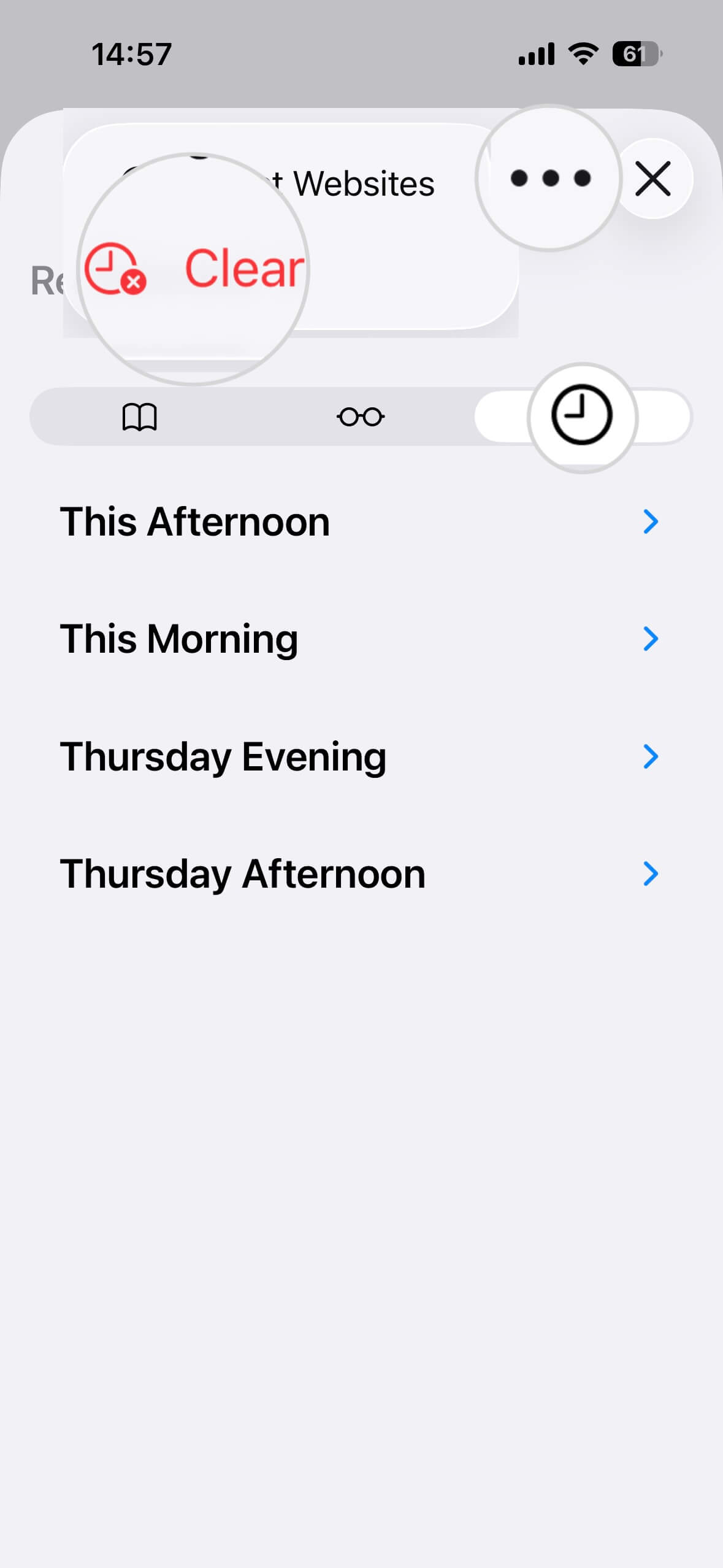 Optionen für den Tab Verlauf in Safari auf dem iPhone mit hervorgehobener Option Löschen