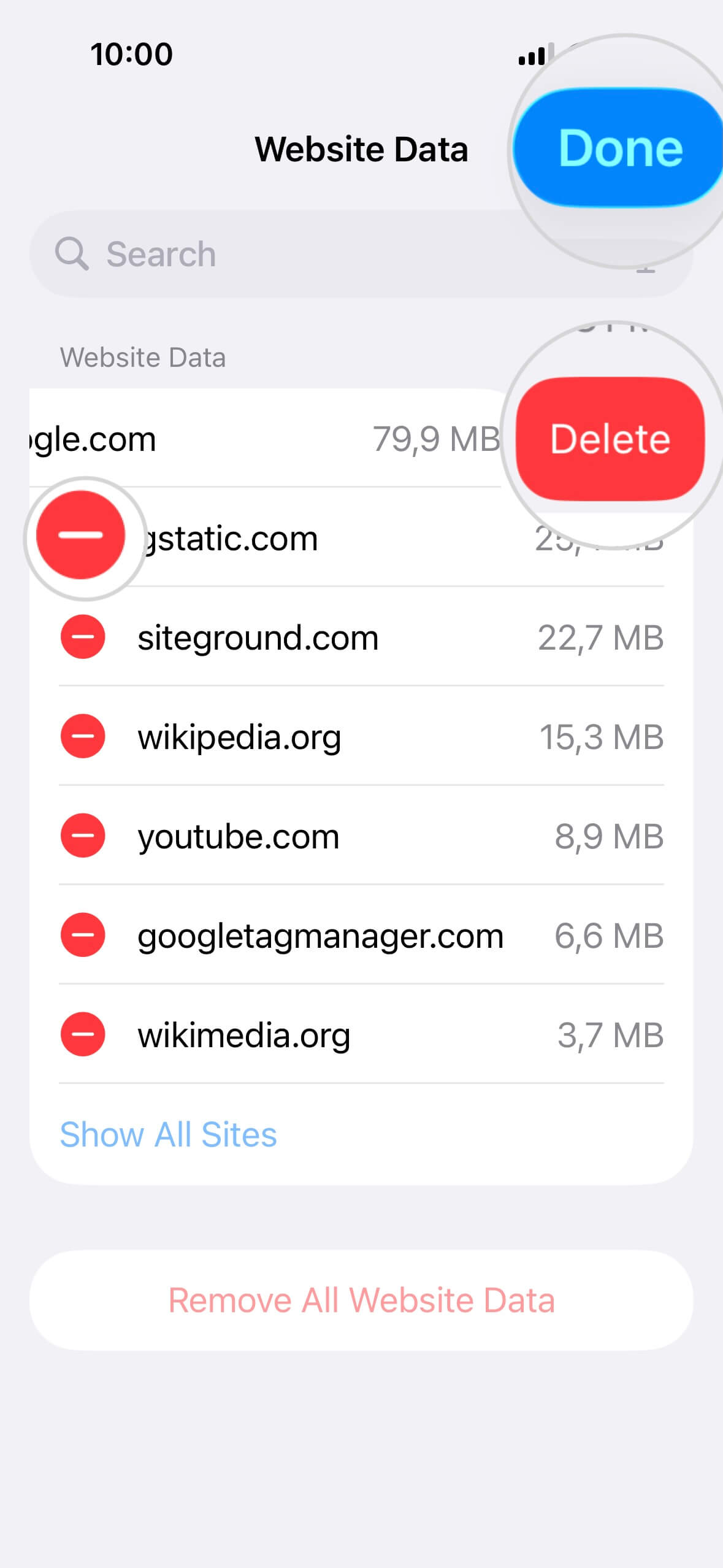 Website-Daten-Optionen in Safari auf dem iPhone, bei denen eine Website ausgewählt ist und die Schaltfläche Löschen zum Löschen des Caches hervorgehoben ist. Die Schaltfläche Fertig zum Verlassen des Menüs ist ebenfalls hervorgehoben.