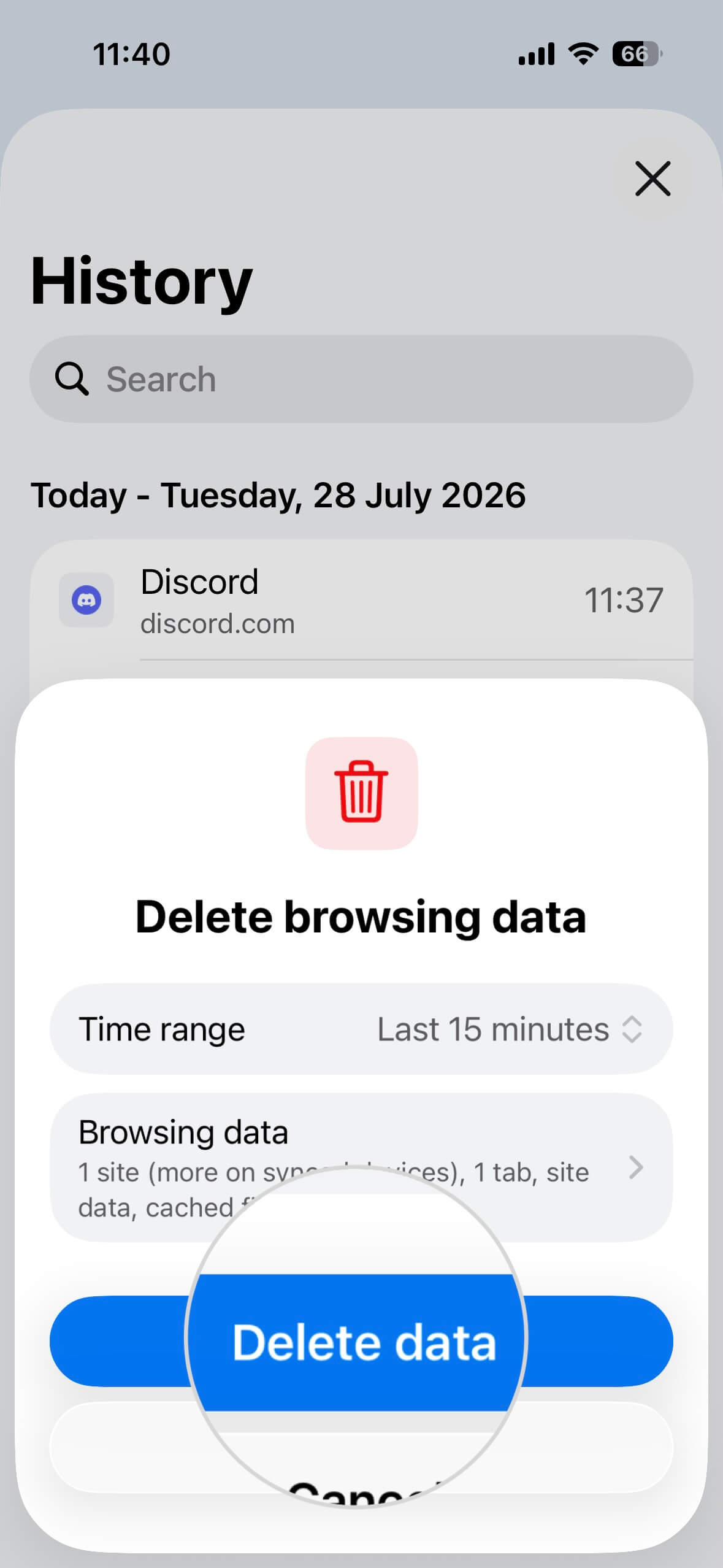 Bestätigungsfenster zum Löschen des Chrome-Caches auf dem iPhone mit hervorgehobener Schaltfläche Daten löschen