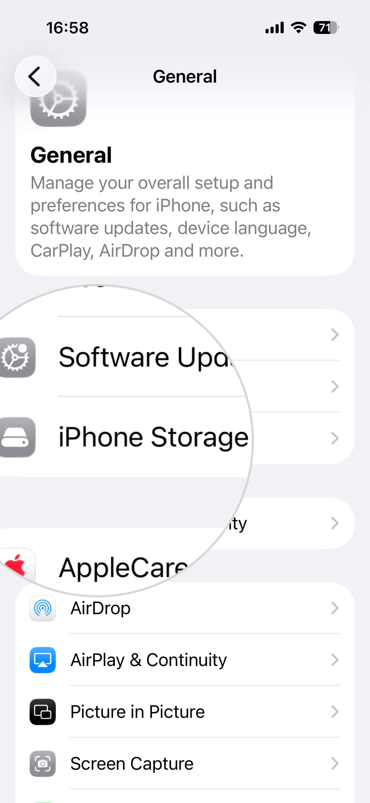 Allgemeine iPhone-Einstellungen mit einem hervorgehobenen iPhone-Speicher-Abschnitt